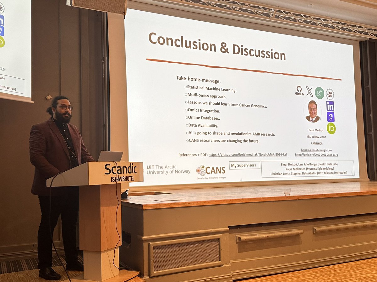 Last talk, but not least, with an outlook to the future and role of #AI, #ML in #microbiology with @BelalMedhat92

How?
Clustering data
Biomarker discovery
Simulations, correlations & causations
Integration of -omics datasets

Faster & less time-consuming! 

#NordicAMRConference