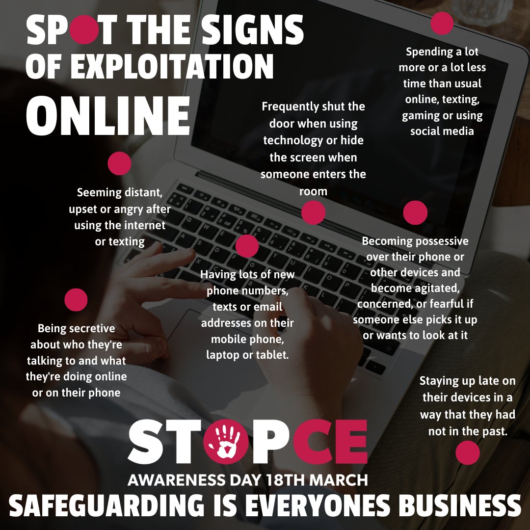 Child exploitation can happen online.

If you are worried about online sexual abuse or the way someone has been communicating with you online then you can report it and get support from CEOP.

For more information, visit: ceop.police.uk/Safety-Centre/