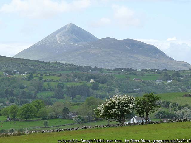 ☘️'Cruach Phádraig / Croagh Patrick'☘️ ‘the mountain-stack of Pádraig’ Nóta: An older name for this mountain was 'Cruachán Aighle' ‘the little mountain-stack of Aighle’, referring to the old name of this district. The local English name 'The Reek' is a translation of 'Cruach'.