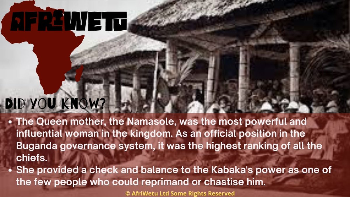 AfriWetu's tweet photo. Fun Fact Friday!
Fact:
This role of Namasole was either held by the Kabaka's biological mother or his ceremonial mother and was occupied once the Kabaka was announced by the senior nobles. She had the honor of a Kabaka, referred to as a Kabaka in her own right.  
#facts #History https://t.co/TkA7nX5A6m
