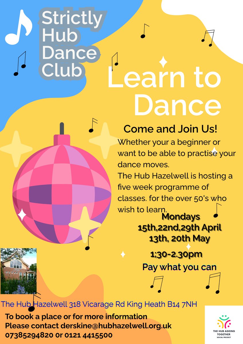 🎉🎉Not long before spring is officially here. Let's start by getting our groove on... <a href="/Hub_AgeTogether/">The Hub Ageing Together Social Project</a> are going to be running dance lessons from the Hub Hazelwell want to learn new steps or just practise your moves. Come and join us😊