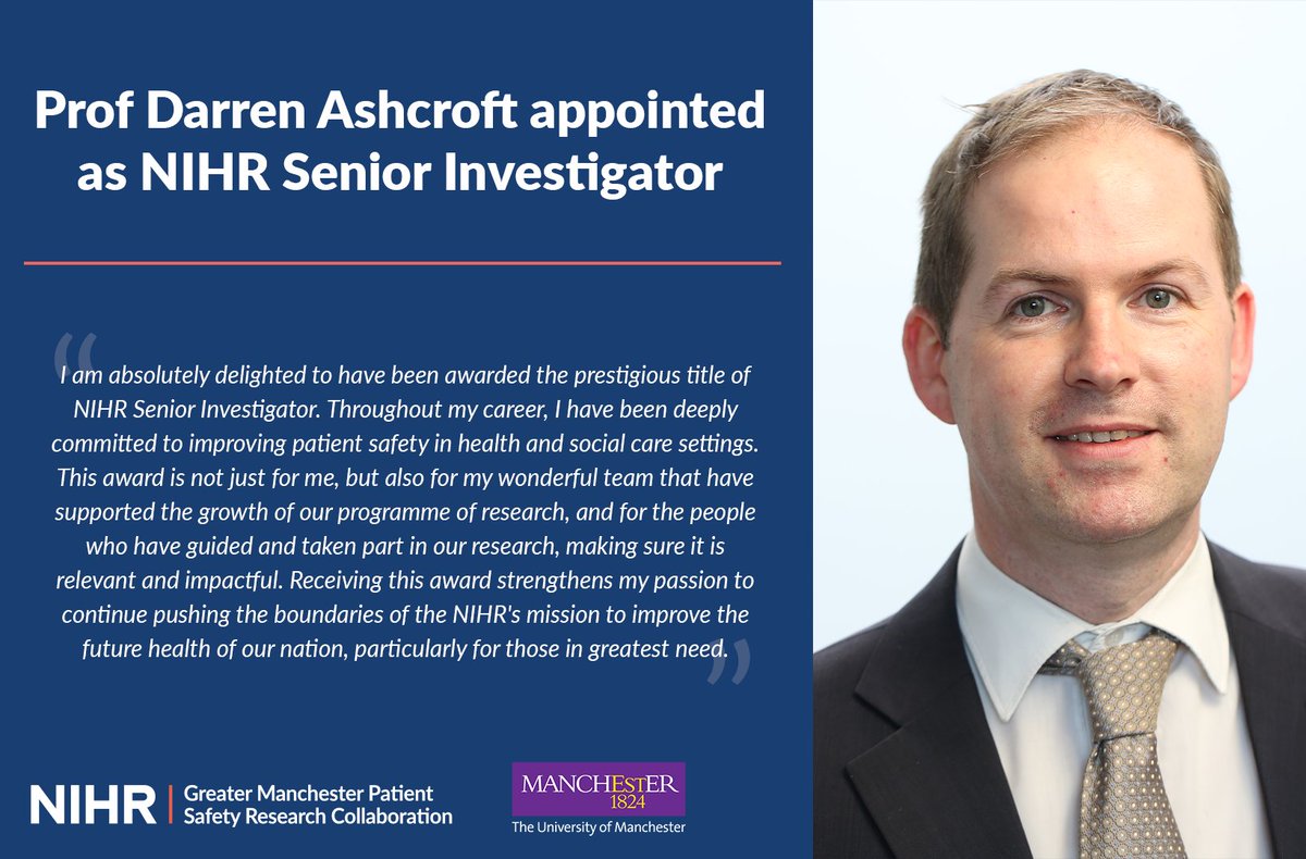 GM_PSRC's tweet photo. It is with great pleasure that we announce that our director, Prof Darren Ashcroft, has been awarded the prestigious title of NIHR Senior Investigator.
Read the news story here: https://t.co/CQde5wkeQs
@NIHRcommunity @NIHRresearch @NIHRPSRCs @NIHRSPCR @FBMH_UoM @OfficialUoM https://t.co/sKRuOGjkwH