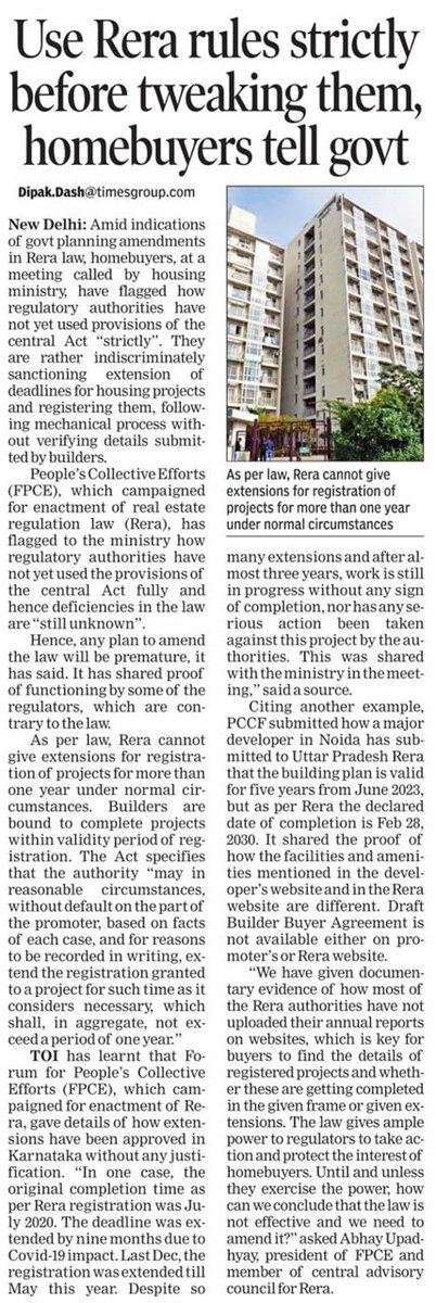 <a href="/FightForRERAInd/">Forum For People's Collective Efforts (FPCE)</a> Across the country status of #RERA enforcement is not as per the intent of the ACT.  It's high time <a href="/PMOIndia/">PMO India</a> involve seeking progress report. 
<a href="/HardeepSPuri/">Hardeep Singh Puri</a> <a href="/MoHUA_India/">Ministry of Housing and Urban Affairs</a> Please review with due diligence to ensure #homebuyers get their dream Home.Thank u <a href="/dipakdashTOI/">Dipak K Dash</a> <a href="/abhaykol/">Abhay Upadhyay</a>