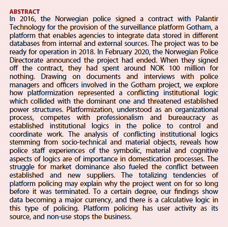 #OutNow Helene O.I. Gundhus & Christin Thea Wathne examine the digital policing project Gotham, to highlight the conflicting logics between traditional power structures and platformization: #DigitalCriminology #DigitalPolicing tandfonline.com/doi/full/10.10…