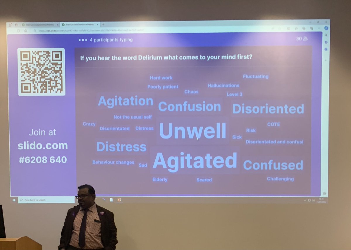Welcome to @deliriumkrish , fab interactive presentation from a Psychiatrist perspective. Take home message, ‘there is no evidence-based pharmacological treatment for delirium’. Think of the risk and need. Remember delirium kills. #WDAD2024 @STSFTrust @iDelirium_Aware