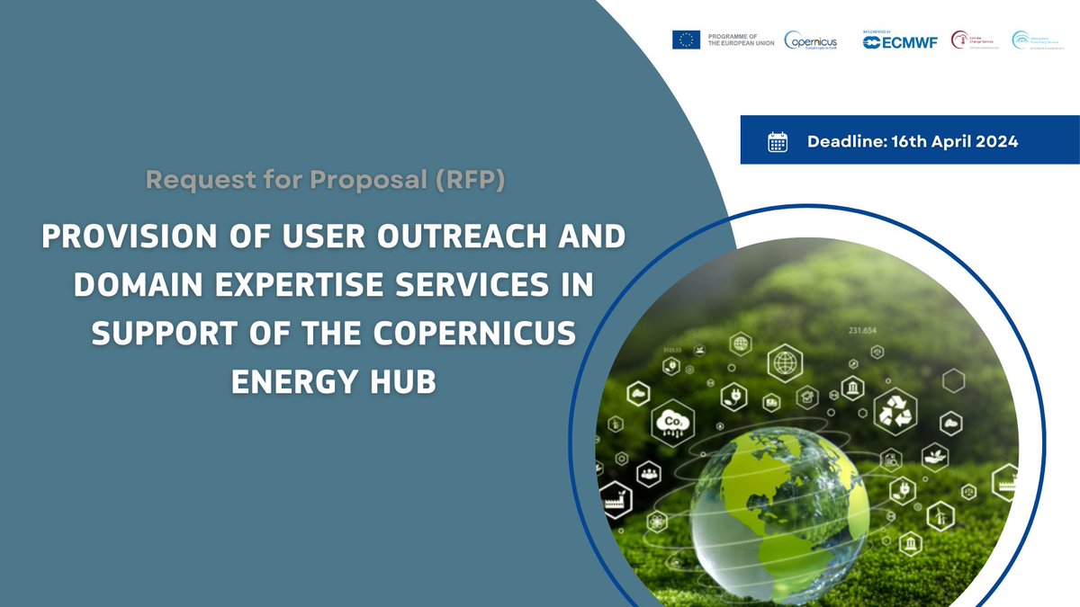 📢New Request for Proposal (RFP)

@ECMWF is looking for proposals for user outreach and domain expertise services in support of the #CopernicusEnergyHub.

🗓️Apply before April 16th:

▶️C3S: climate.copernicus.eu/cjs2161a-provi…
▶️CAMS: atmosphere.copernicus.eu/cjs2161a-provi…