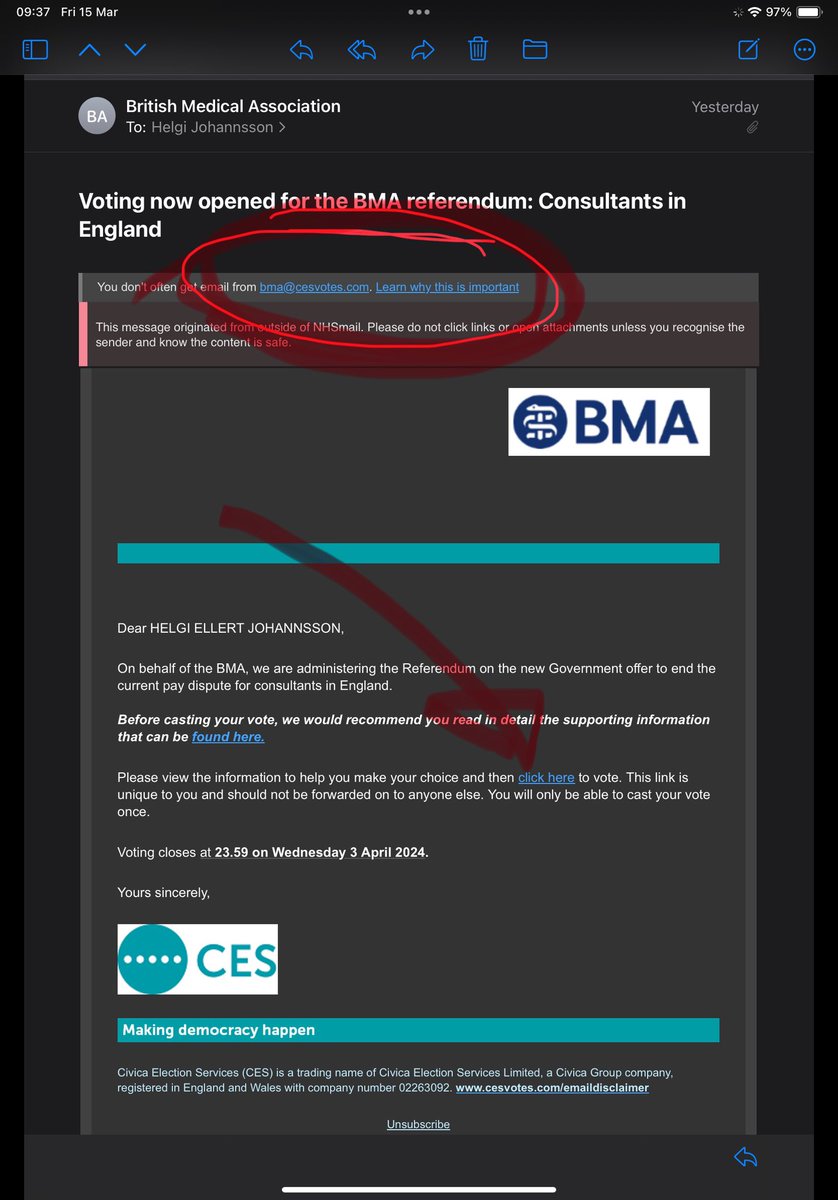Consultant BMA members: 
The referendum for the pay deal has reached your inboxes. In the last ballot 38% of us didn’t bother voting for something that will affect the rest of our lives. Don’t be that person. 

Simply search your overflowing inbox for the email circled, then