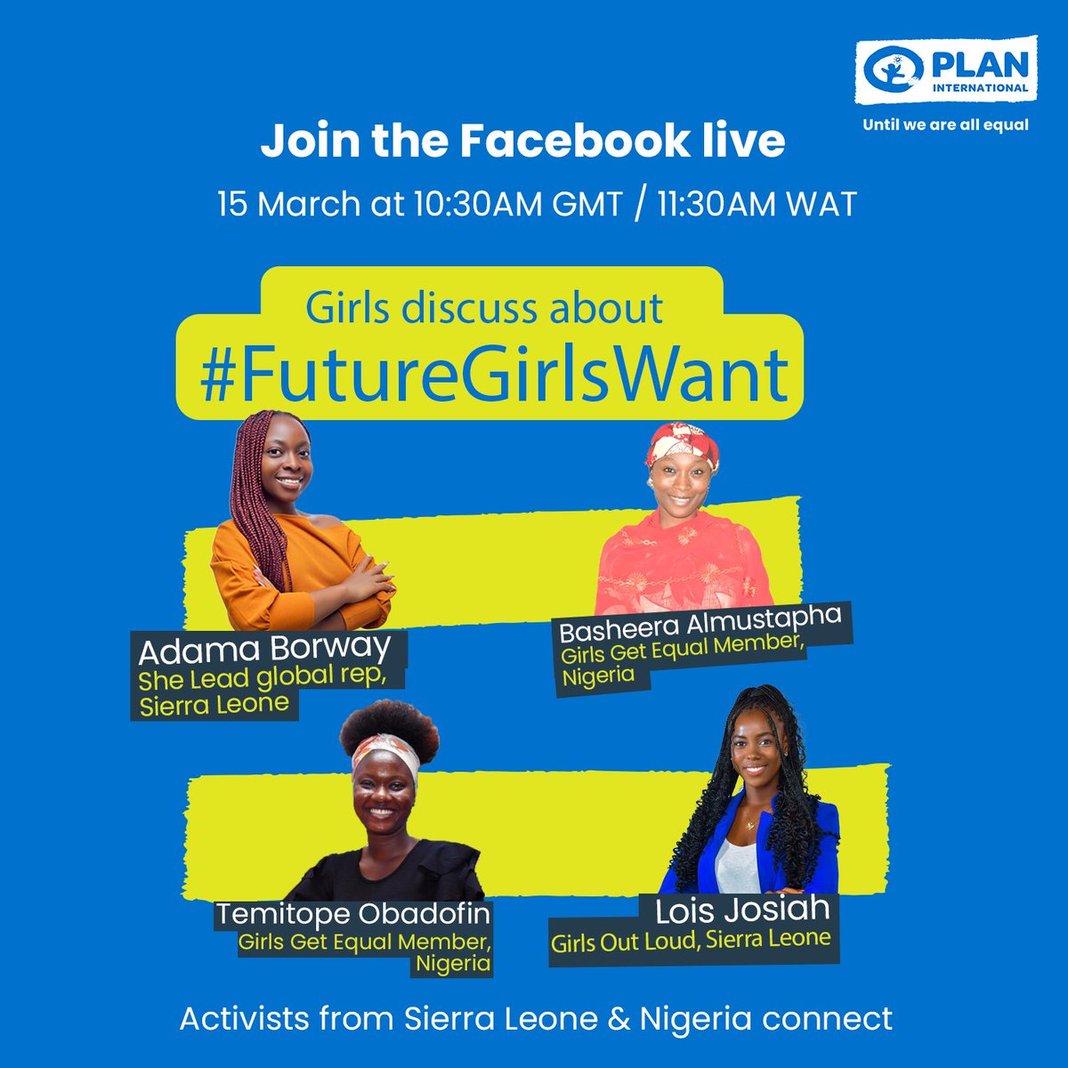 🌟 Exciting News! 🌟 🎉 Happening today! Don't miss out on an inspiring facebook LIVE event presented by @Plan_SLE and @Plan_Nigeria 🇸🇱🇳🇬. Theme: 'Future Girls Want' 👩‍👧‍👧 featuring two young girls from each country! 📱 Tune in to listen to these extraordinary