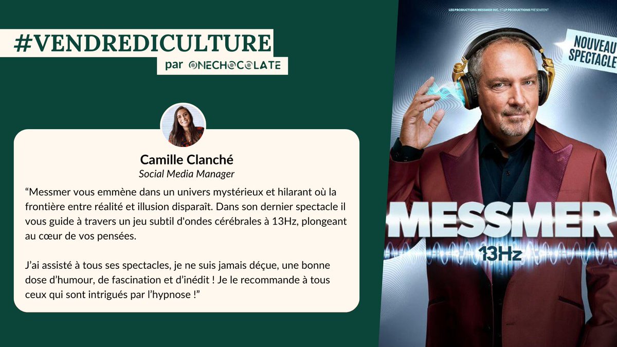 #VendrediCulture de Camille qui vous invite à découvrir la puissance de l'hypnose à travers le dernier spectacle de #Messmer, "13Hz". Embarquez pour un voyage entre subconscient et imaginaire !