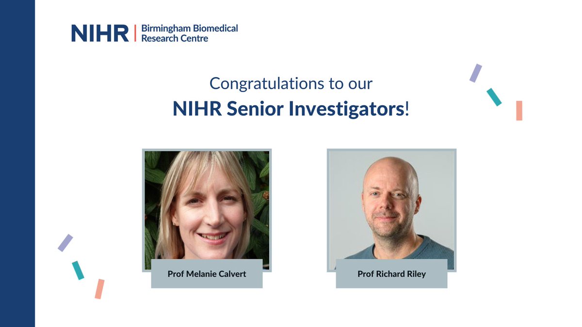 Today, @NIHRresearch announced the research leaders receiving the prestigious NIHR Senior Investigator Award🏅 We couldn't be more pleased to congratulate our very own Professors @drmelcalvert & @Richard_D_Riley on this important recognition! Read more: birminghambrc.nihr.ac.uk/brc-researcher…