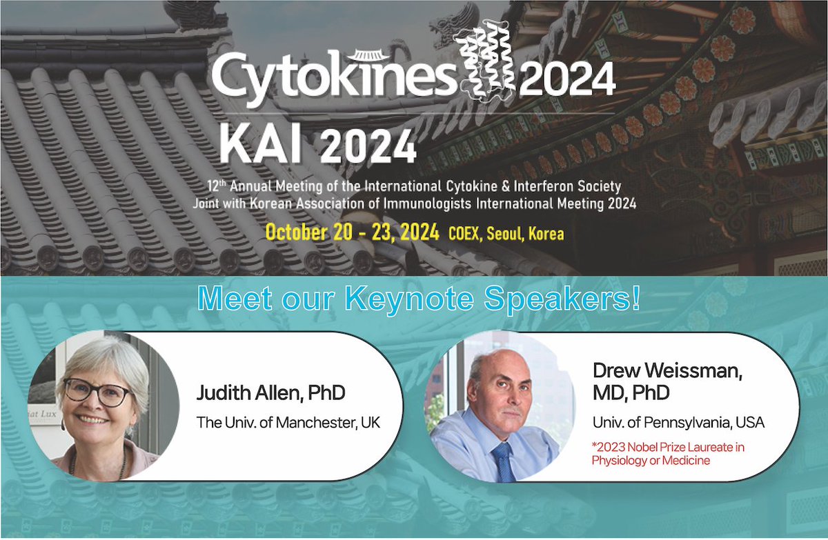 Introducing Keynote Speakers @ProfJudiAllen and @WeissmanLab for Cytokines 2024 & KAI 2024 Joint Meeting in exciting Seoul Oct 20-23 - Abstract Submission deadline is May 20th signals.cytokinesociety.org/2024/03/05/cyt… via @CytokineSociety