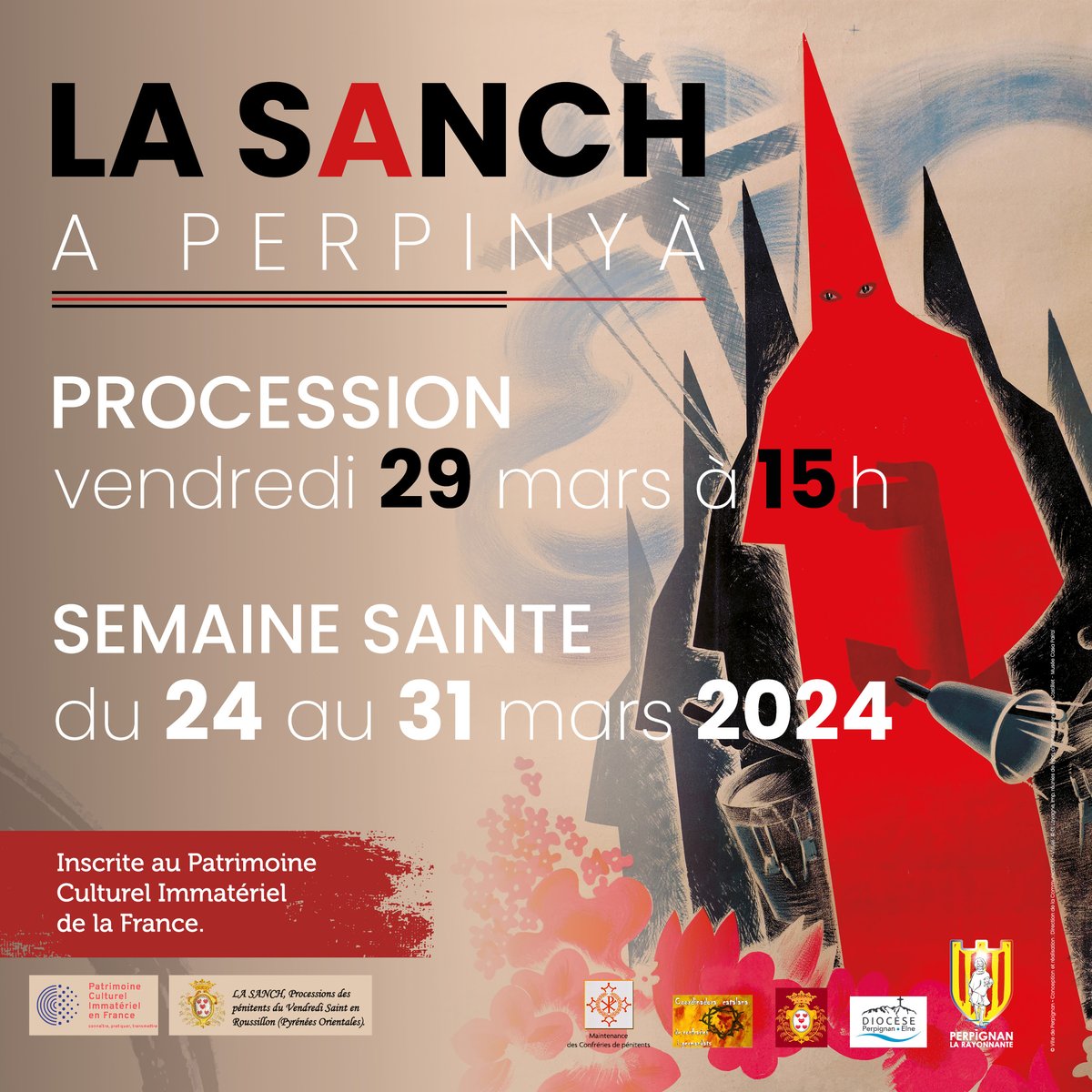 MairiePerpignan's tweet image. 🔴⚫ La procession de la #Sanch s’élancera de l’Église Saint-Jacques le vendredi 29 mars dès 15h pour un périple à travers #Perpignan et son cœur de ville : une tradition vieille de plus de 6 siècles ❗
Infos et programme ➡️ mairie-perpignan.fr/actualites/la-…