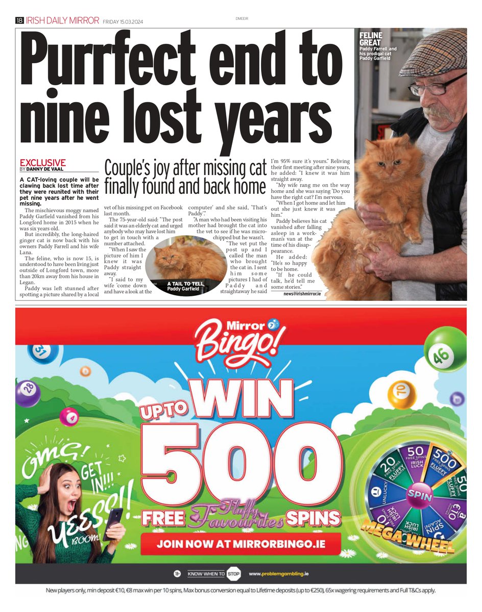 Great story here from Longford. A cat-loving couple will be clawing back lost time after they were reunited with their feline nine years after he first went missing. Full story in today's Irish Mirror or online here: irishmirror.ie/news/irish-new…