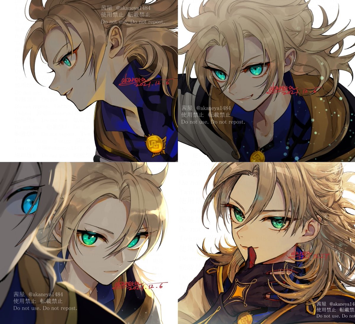 albedo (genshin impact) looking at viewer blue eyes shirt blonde hair gloves holding hair between eyes  illustration images