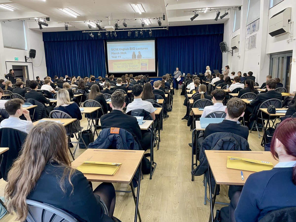 ChartersEnglish's tweet photo. Today Year 11 (Z side) students attended a ‘BIG Lecture’ delivered by Miss Roberts and Mrs Boorman in the Main Hall. They had the opportunity to focus on revision strategies and take part in tasks and activities designed to build up their confidence in the subject. https://t.co/sbhivGNoAQ