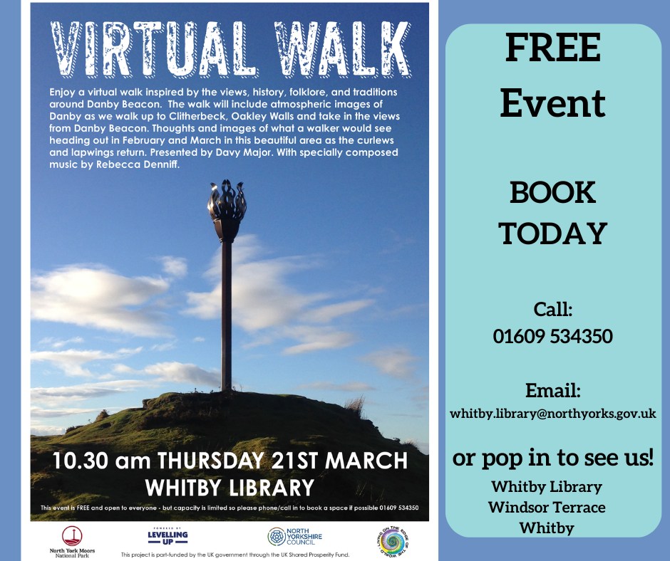 VIRTUAL WALK AROUND DANBY BEACON Thur 21st Mar 10:30am. The walk includes atmospheric images of Danby, Clitherbeck, Oakley Walls, & Danby Beacon. Presented by Davy Major. With specially composed music by @rebeccadenniff. @NorthYorkMoors #UKSPF @WhitbyCivic @thewhitbyguide