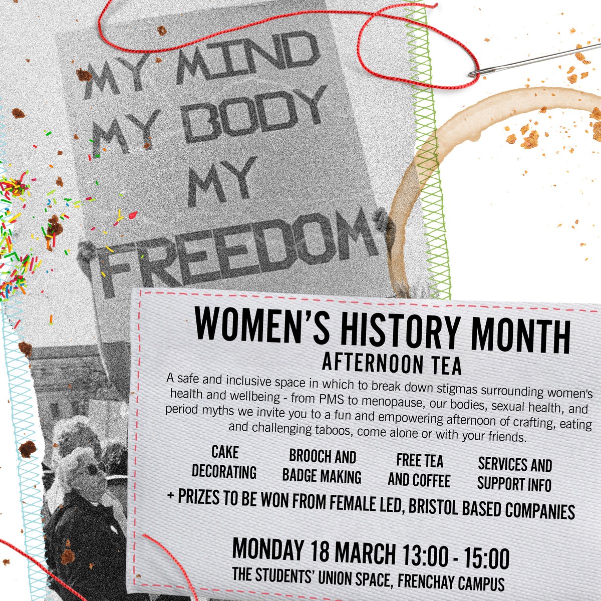 🎨🌸 Dive into women's health topics with scones, cakes, and crafting! Free tea/coffee included. Discover services & win prizes from Bristol-based companies! 📍 Frenchay: Mar 18, 13:00-14:30 📍 Bower Ashton: Mar 21, 12:00-14:00 📍 Glenside: Mar 25, 12:00-14:00.