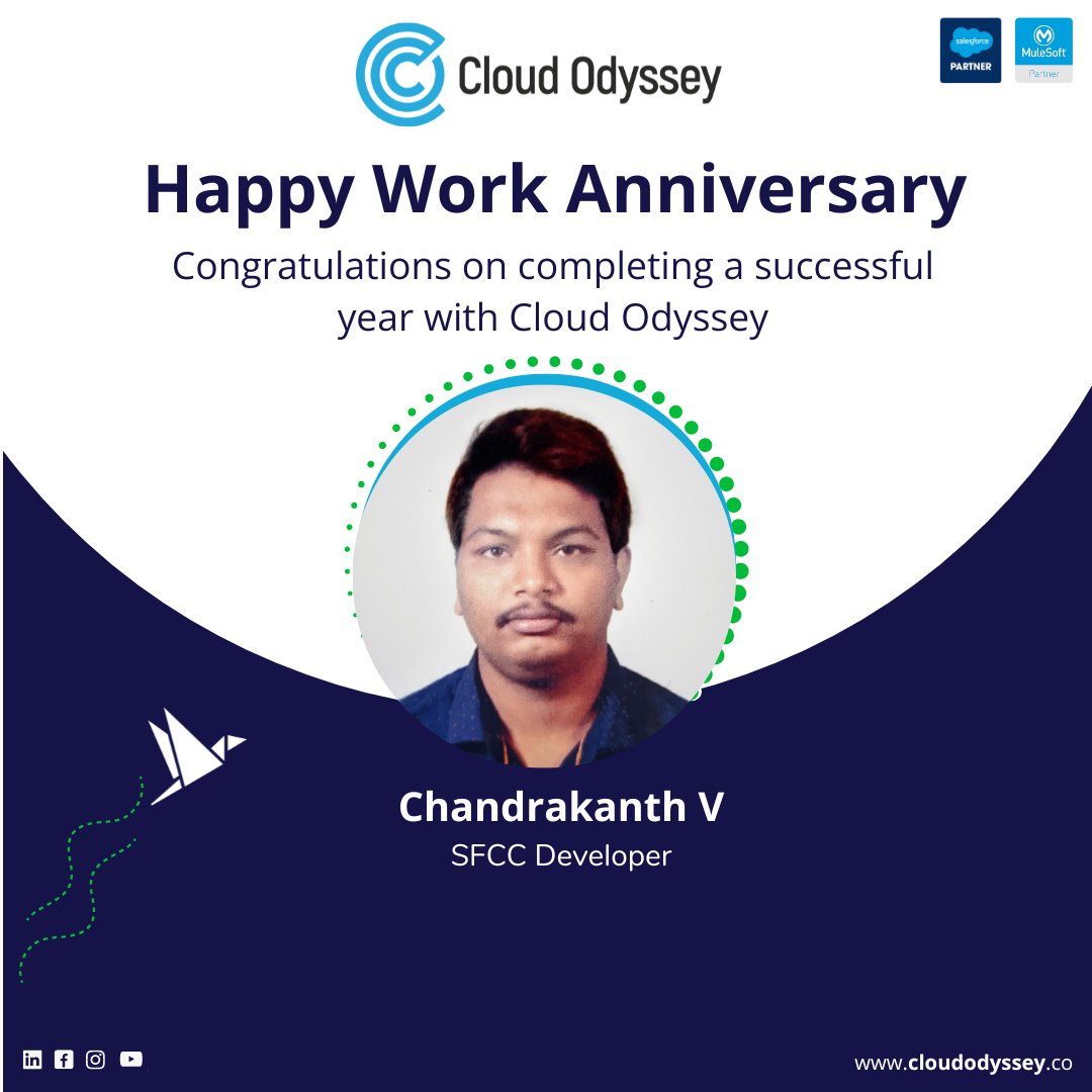 Cloud Odyssey congratulates our dedicated associate on completing years of a journey!

For career opportunity -
🌐cloudodyssey.co/careers/
📧 career@cloudodyssey.co

#cloudoyssey #team #work #career #opportunity #workanniversary #grateful #cloud #salesforcepartners