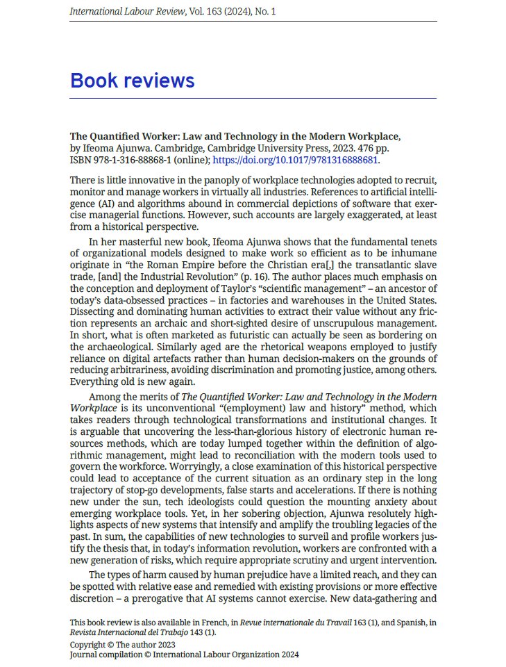 _aloisi's tweet photo. 📚 The new issue of the @ilo International Labour Review is out, featuring a review of @iajunwa’s book #TheQuantifiedWorker, an eye­opening account of the amplification of managerial power: https://t.co/pDJsuoWHi7

Also in 🇪🇸 https://t.co/jotBPWp87G and 🇫🇷 https://t.co/X0ygc254fc https://t.co/3ZdZtMSjc9