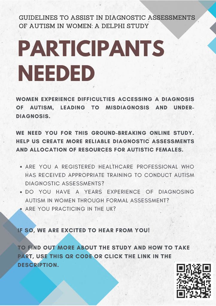 Verity Chester (@veritychester) on Twitter photo *Autism Assessors*
There is still time to sign up to <a href="/GraceTrundle/">Dr Grace Trundle</a>'s Delphi study examining how girls and women are currently being assessed for autism. Please do consider taking part if eligible or sharing with colleagues who might be interested. *Autism Assessors*
There is still time to sign up to <a href="/GraceTrundle/">Dr Grace Trundle</a>'s Delphi study examining how girls and women are currently being assessed for autism. Please do consider taking part if eligible or sharing with colleagues who might be interested.