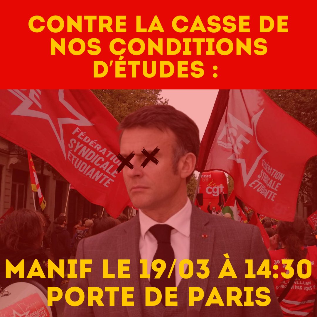 📢ILS NOUS JETTENT A LA RUE, NOUS Y RESTERONS

🔴Mardi 19 mars, retrouvons nous à 14:30 Porte de Paris à Lille, contre la casse du service public et de nos conditions d'études, révoltons nous !💥