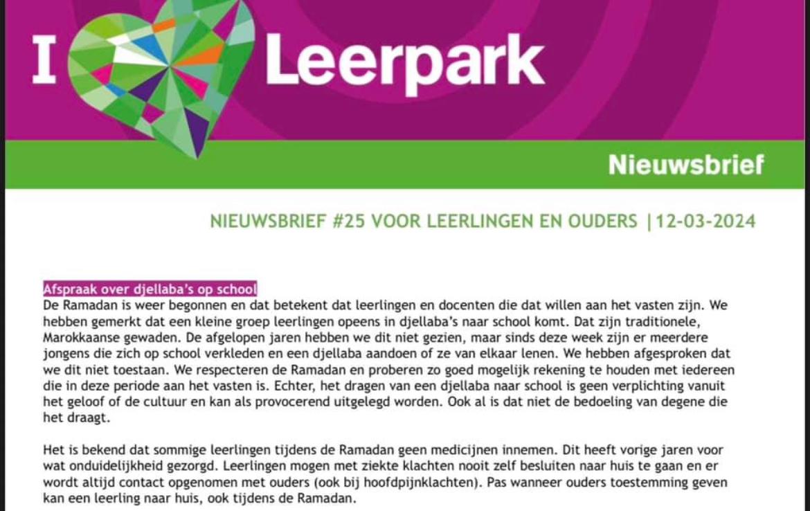 Een 'djellaba verbod' op middelbare school Leerpark  Alphen aan Den Rijn.

Nieuwsbrief vermeldt dat dragen djelleba provocerend is

MRWN is op dit moment in gesprek met de school.

Een update volgt in sha Allah!

We komen graag nog met ouders in contact!  Graag dit bericht delen