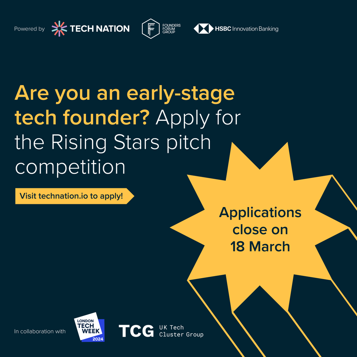 C4DIGroup's tweet image. If you are a pre-seed to pre-series A founder, don&apos;t miss the chance to submit your application to Tech Nation’s Rising Stars pitch competition. 

ow.ly/lInL50QTbx6

#WeAreTechNation #WeAreTNRisingStars #technation #startups #scaleups #founders #uktech