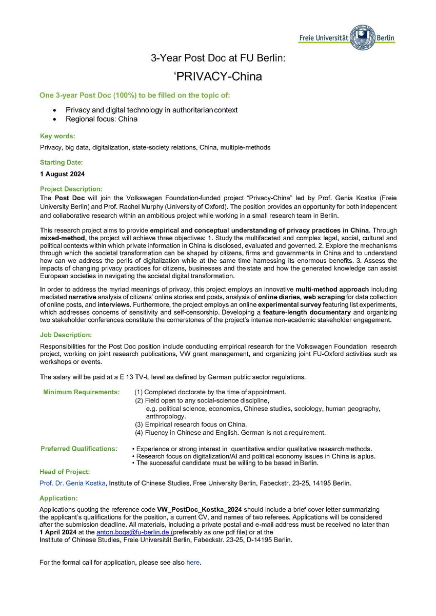 Please share. Excellent #postdoc #job opportunity on privacy in China at Freie Uni Berlin. Mixed methods. 3yrs, FT. Work in Berlin in a friendly team! Ping me if you have questions. Deadline 1.4. More info: fu-berlin.de/universitaet/b…