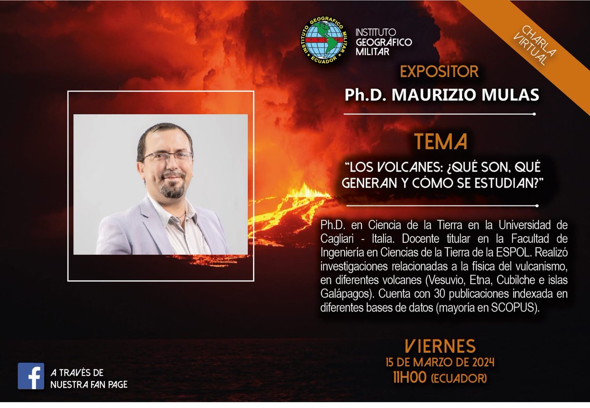El Instituto Geográfico Militar Ecuador se complace en invitar 
📌 Expositor: 𝑷𝒉.𝑫. 𝑴𝒂𝒖𝒓𝒊𝒛𝒊𝒐 𝑴𝒖𝒍𝒂𝒔, Ph.D en Ciencias de la Tierra  Docente Titular <a href="/FictESPOL/">Facultad de Ingeniería en Ciencias de la Tierra</a> <a href="/espol/">ESPOL</a>.
🗓 15 de marzo de 2024
⏰ 11h00 Ecuador 🇪🇨
▶ A través de facebook.com/GeograficoMili…