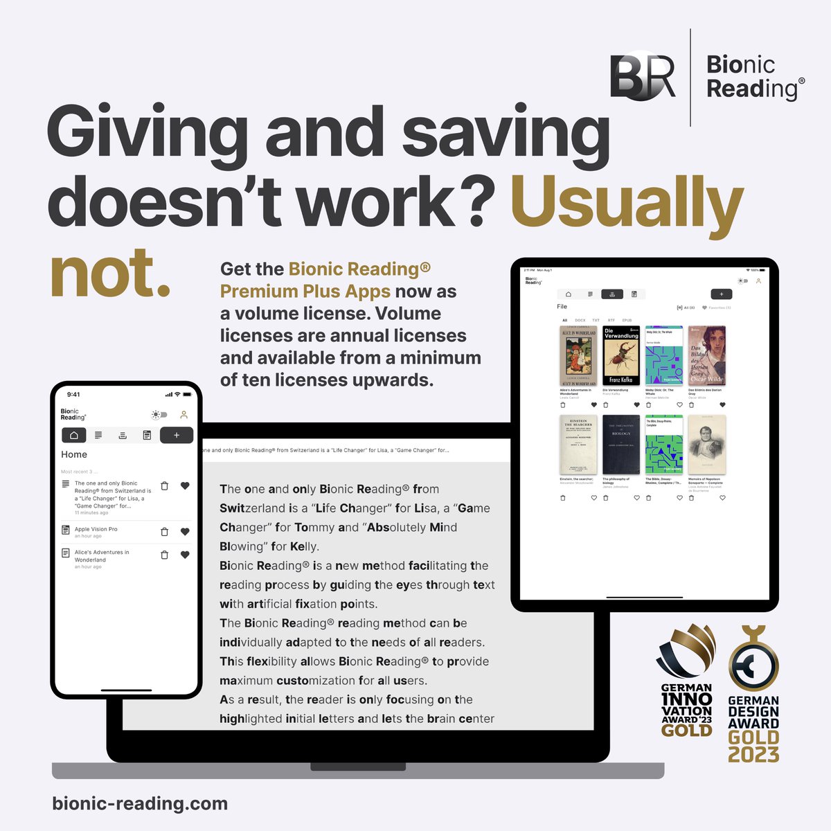 Giving and saving doesn’t work? Usually not.📈 But Bionic Reading® makes it possible.🔥 Give your employees not only valuable time, but also an increased desire to read. In return, you save important resources for your organization. 💸⏱️❤️ — BR made🇨🇭 🔗 bionic-reading.com/br-for-supplie…