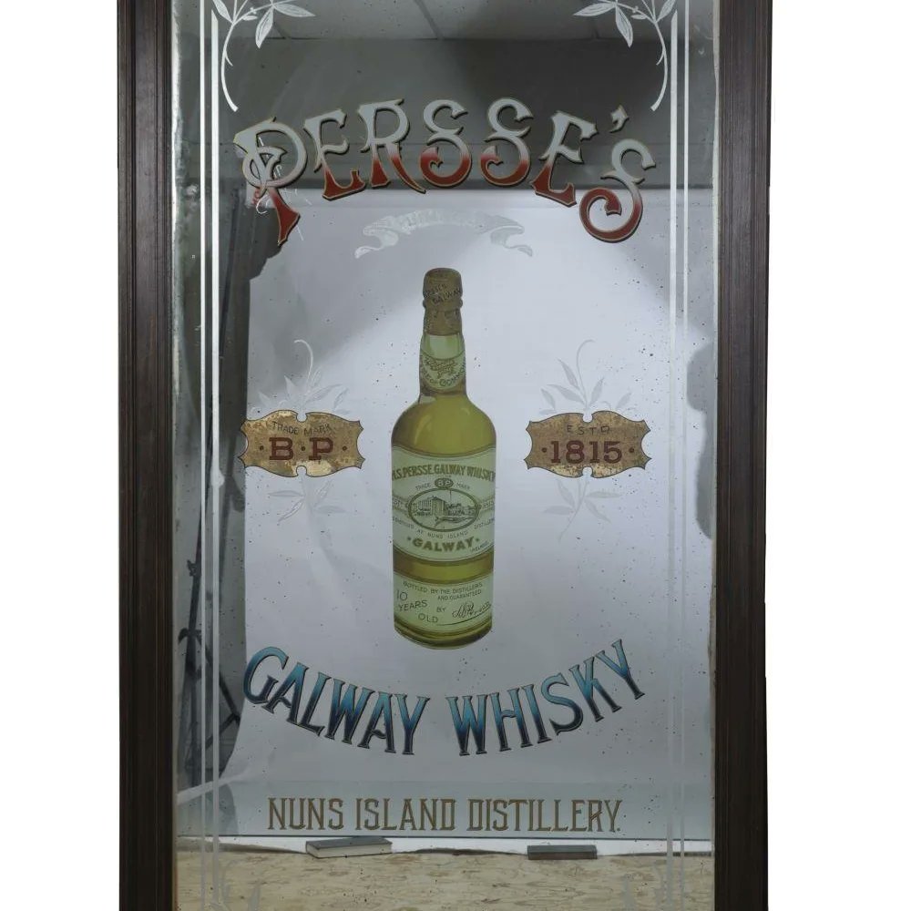 🛎SOLD - Perrse's Whiskey Mirror - The antique mirror features Nun’s Island Distillery, Galway founded by Burton Persse in the late 1700s. It closed in 1908.  @galwaybeo @christiesinc @galwayadvertiser #advertisingmirror #persseswhiskey #whiskeymirror #sheppardsirishauctionhouse