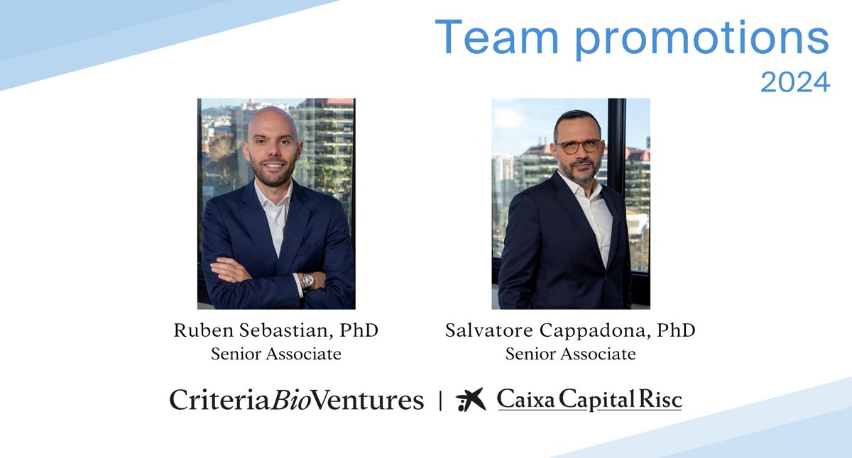 Criteria Bio Ventures (@criteriabiovc) on Twitter photo Thrilled to announce the well-deserved promotions of <a href="/RubenSebas_/">Ruben Sebastian</a> and Salvatore Cappadona to Senior Associates within our investment team 🚀
Their exceptional talent and invaluable contributions have been instrumental in driving our mission forward. Congrats Ruben & Salvatore! Thrilled to announce the well-deserved promotions of <a href="/RubenSebas_/">Ruben Sebastian</a> and Salvatore Cappadona to Senior Associates within our investment team 🚀
Their exceptional talent and invaluable contributions have been instrumental in driving our mission forward. Congrats Ruben & Salvatore!