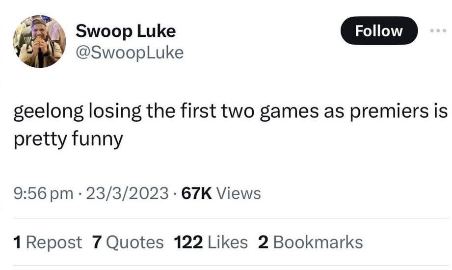 IT IS ALMOST AS IF WINNING THE PREVIOUS YEARS GF CAN BE SOME KIND OF A HINDRANCE FOR THE FIRST MONTH OF THE FOLLOWING SEASON OR SOMETHING?

——————

WEVE FUCKING DONE IT. THE MEDIA WROTE US OFF. WE ARE SYDNEY.

——————

#AFLPiesSwans #IsBlitzHomeYet