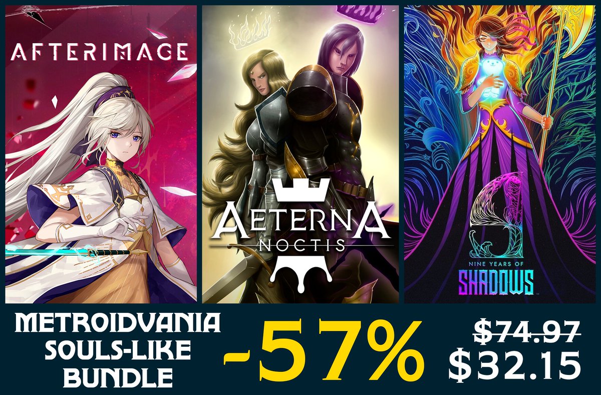 🔴 The "Metroidvania Souls-Like Bundle" is 57% off during the #Steam Spring Sale!

🎮 "Afterimage" by Aurogon Shanghai (<a href="/PlayAfterimage/">Afterimage - 2nd free content update out now!</a>)
👑 "Aeterna Noctis" by Aeternum Game Studios
😈 "9 Years of Shadows" by <a href="/HALBERDSTUDIOS/">HALBERD STUDIOS - Mariachi Legends</a> 

Gear up ⬇
store.steampowered.com/bundle/38214/M…