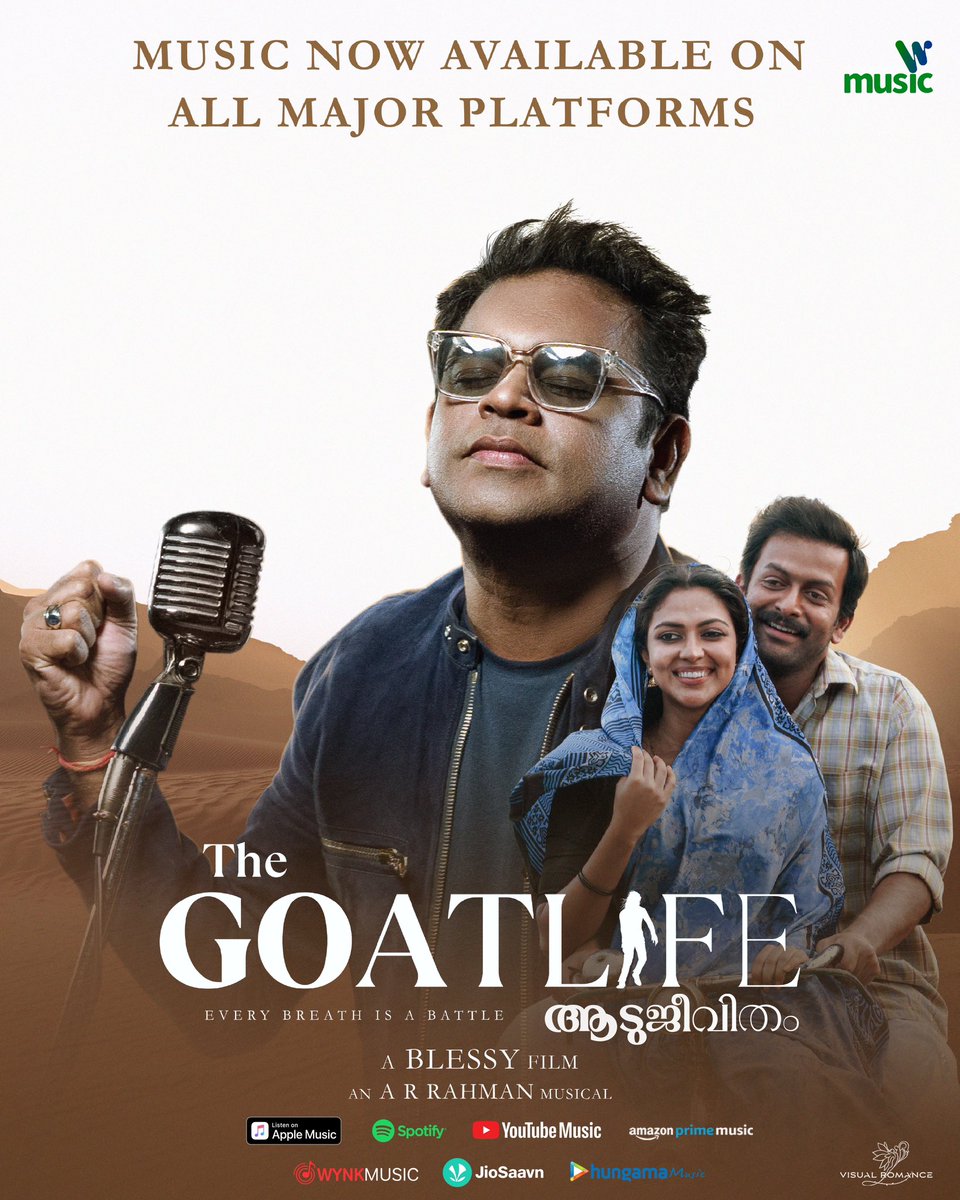 The irresistible melodies of The Goat Life available on all major streaming platforms! Immerse in mesmerizing tunes, now! #Aadujeevitham #TheGoatLifeMusicLaunch #ARRahman #VisualRomanceMusic @TheGoatLifeFilm @DirectorBlessy @benyamin_bh @arrahman @PrithviOfficial @Amala_ams…