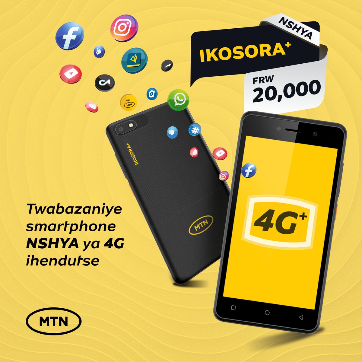 MTNRwanda's tweet photo. Level up your phone game with the new blazing-fast 4G, stunning camera, stylish design - IKOSORA smartphone, all for just 20,000 RWF. Grab yours today!

 #ConnectRwanda 2.0 #MTNiKosora https://t.co/w1J0EmGXPb