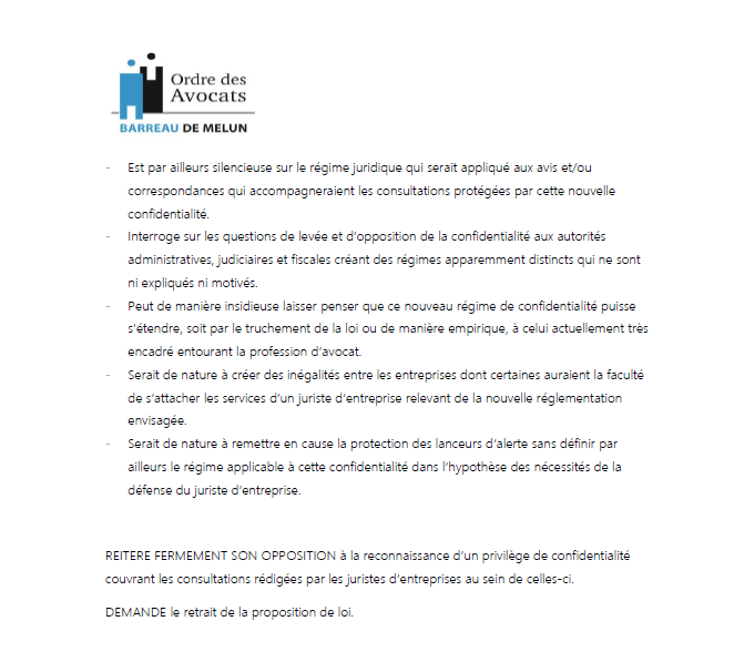 Les barreaux membres de la Conférence unis contre la proposition de loi sur la confidentialité des consultations juridiques des juristes d'entreprise.     
Merci au barreau de Melun, qui soutient la <a href="/Conf_Batonniers/">ConférenceBâtonniers</a> et le @CNB dans leur opposition.     
#ToujoursNON