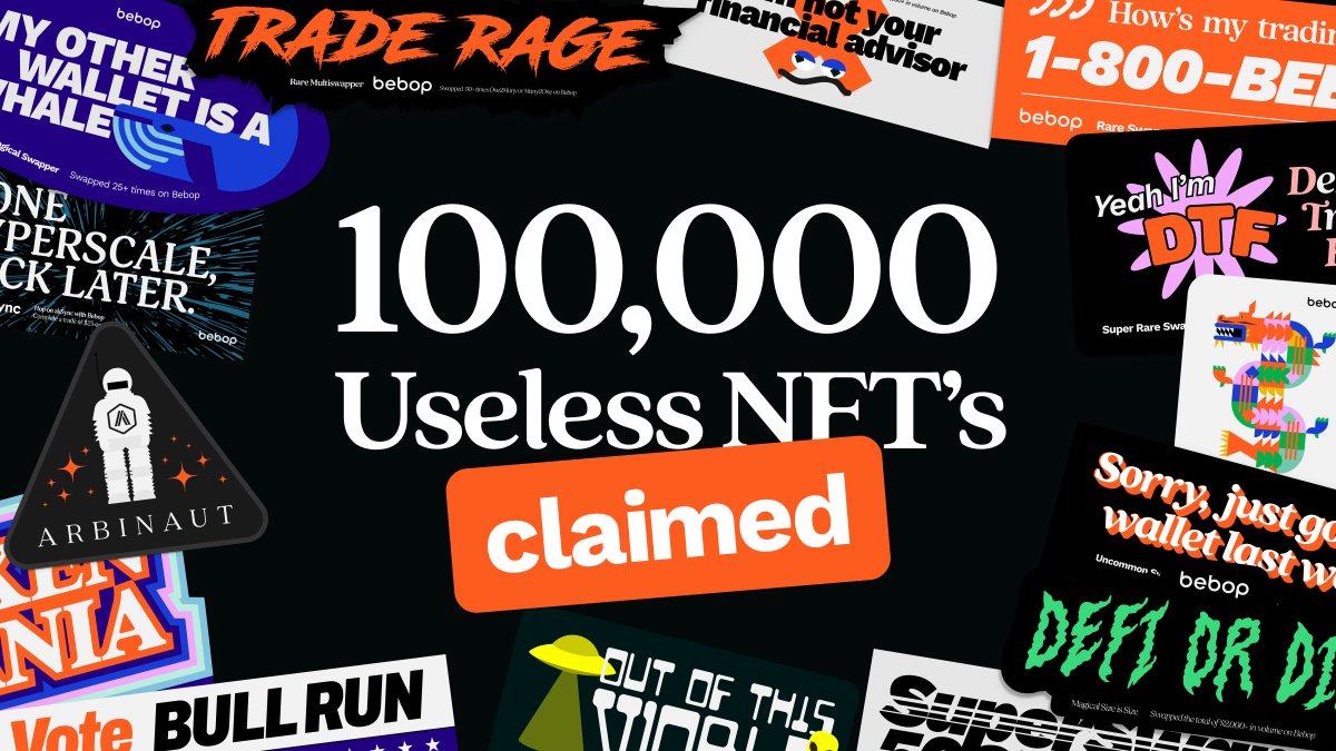 bebop_dex's tweet image. 🎉 Milestone Alert 🎉

More than 100k useless NFTs have been claimed by fellow beboppers! 

Still questioning the utility…??? 🤔 Join the gang and celebrate your milestones as you trade on Bebop!