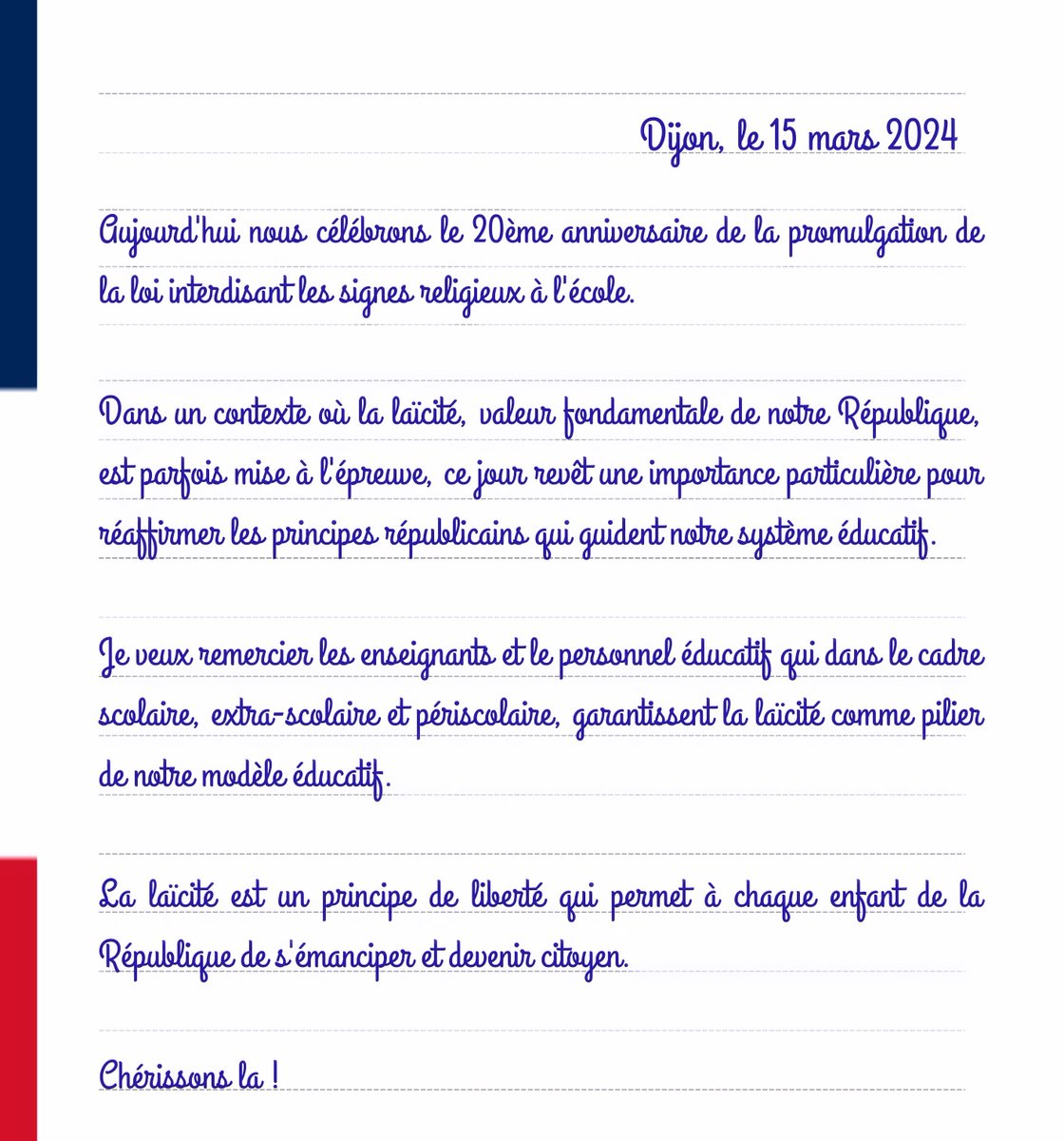 Aujourd'hui est le 20ème anniversaire de la promulgation de la loi interdisant les signes religieux à l'école. Merci aux enseignants & équipes éducatives qui garantissent ce principe républicain dans le cadre scolaire, périscolaire et extra-scolaire. Chérissons la laïcité !