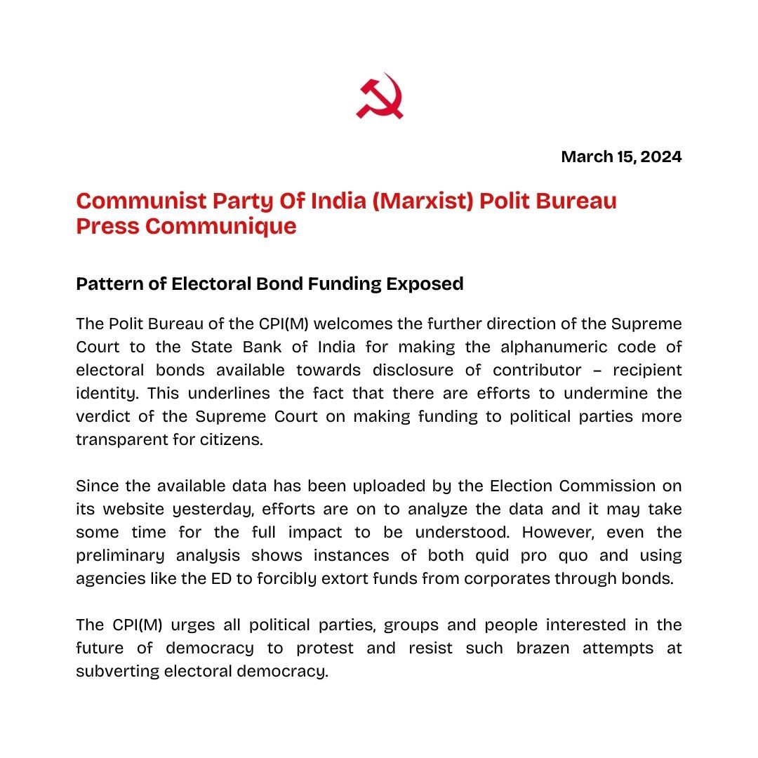 The CPI(M) urges all political parties, groups and people interested in the future of democracy to protest and resist such brazen attempts at subverting electoral democracy. cpim.org/pressbriefs/pa…
