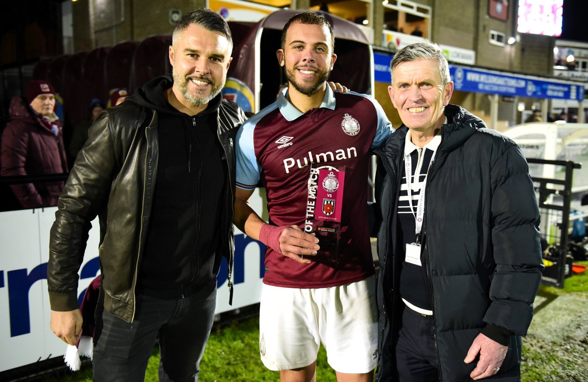 Aaron Martin was presented with the POTM award for a spectacular performance against Chorley by @PeteGravesTV Thank you to Julia and David Arkley for their donation of the trophy #SSFC | #AlwaysReady