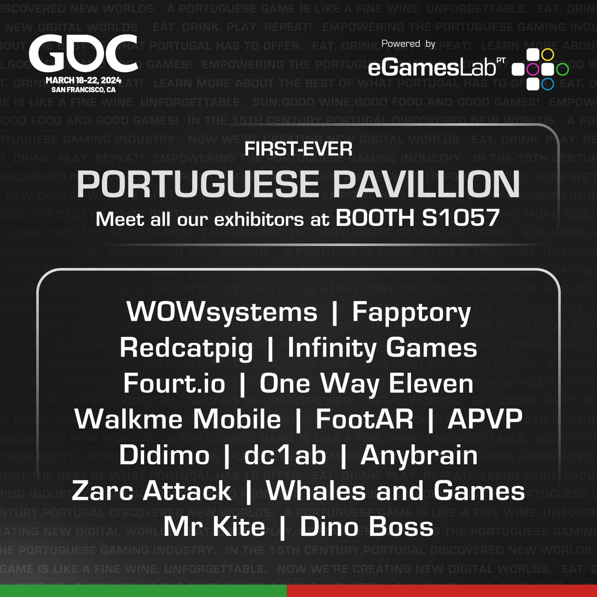 🌟 Portugal makes history at #GDC2024 with its very own Gaming Pavilion! Join us as we celebrate innovation and creativity with an exceptional lineup of studios. Don't miss out on this gaming extravaganza! #GamesFromPortugal 🎮✨