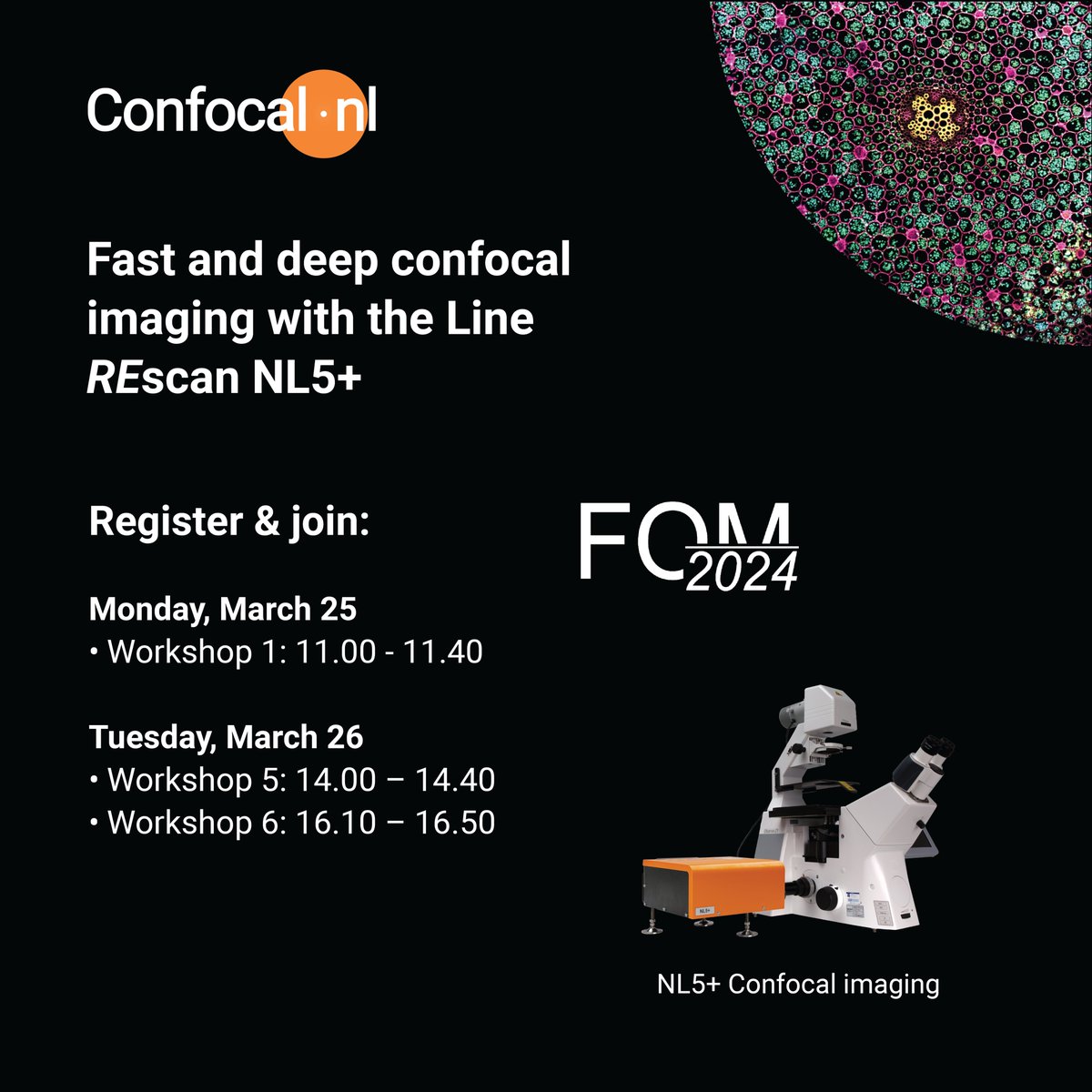 Are you attending #FOM2024? Register for our workshops and discover the cell-friendly confocal and super resolution imaging. Register here: confocal.nl/fom2024worksho… Looking forward to meeting you there!