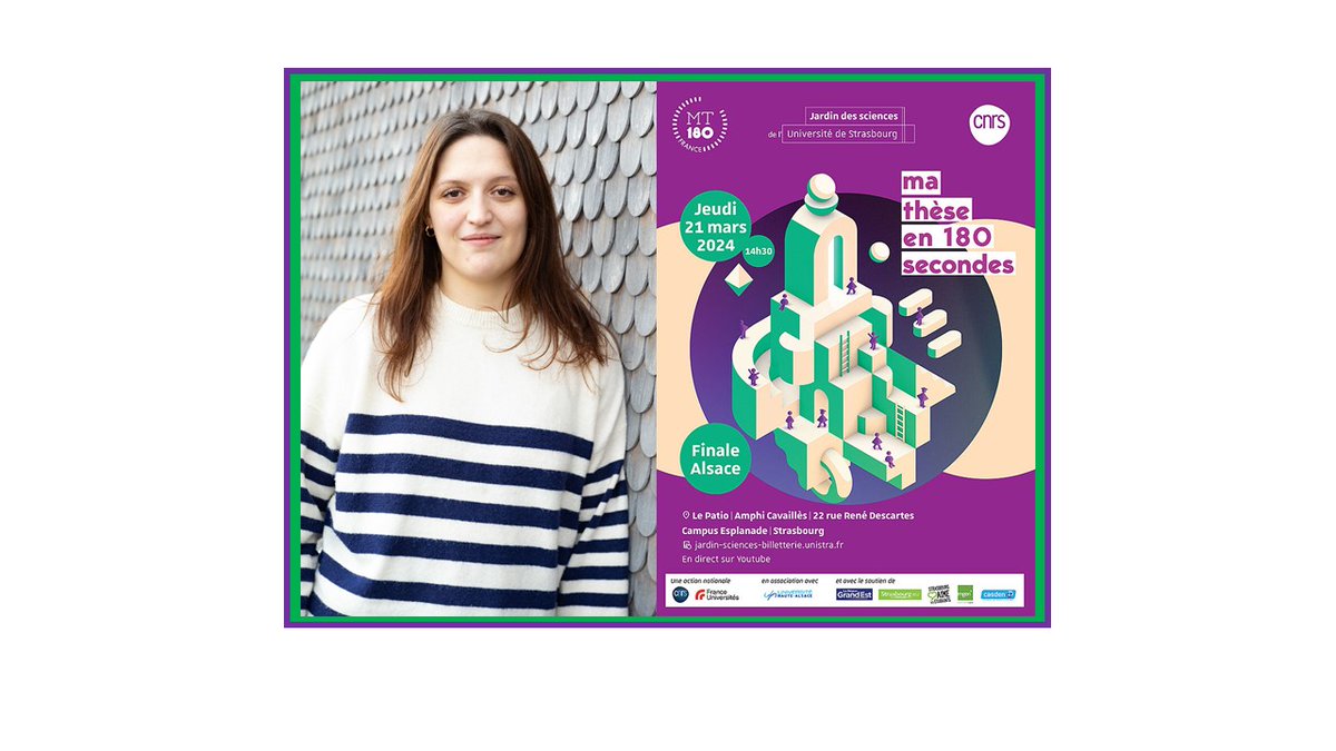 Léa Gherardi, doctorante à l'<a href="/I2ctIbmc/">I2CT-IBMC</a>, sélectionnée pour la finale régionale de MT180s 👏
Suivez l'évènement sur la chaine Youtube du jardin des sciences:
youtube.com/channel/UCaFAR…
<a href="/CNRS_Alsace/">CNRS Alsace</a>