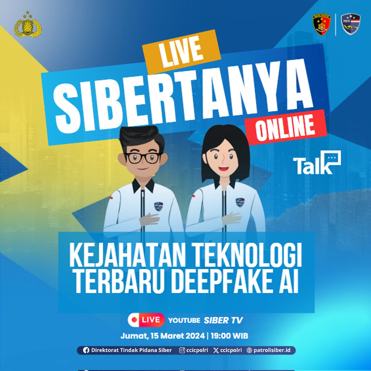 Waspada! Kejahatan Teknologi Terbaru DeepFake AI ⚠️ Yuk kita bahas kejahatan terbaru teknologi AI ini di Sibertanya yang akan tayang LIVE di Youtube Siber TV malam ini pukul 19.00 WIB. #PolriPresisi