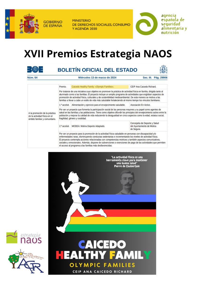 CEIP_AnaCaicedo's tweet image. 🎉🎊SOMOS PREMIO NAOS🎊🎉

¡Estamos de enhorabuena!
Caicedo Healthy Family ha sido premiado en la categoría de “Promoción de la práctica de la actividad física en el ámbito familiar y comunitario”
@MSocialGob 
@Educarm 
@AytoLorca 

#CEIPAnaCaicedo
#NAOS 
#CaicedoHealthyFamily