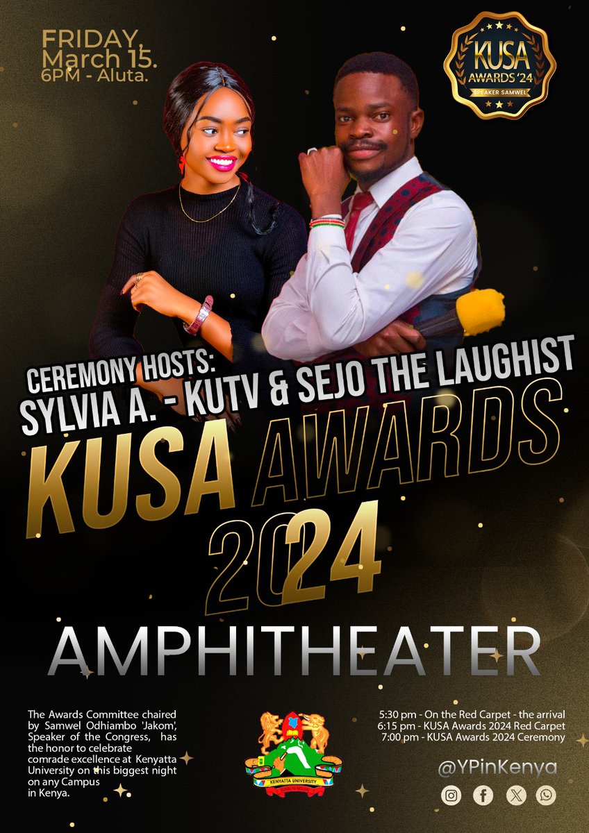 Meet your 2024 KUSA Awards hosts: Sylvia Anyango (News Anchor) and MC Sejoh The Laughist.

#KUSAAwards24🌟, celebrating comrade excellence!

This Evening at the Magnificent Amphitheatre in <a href="/KenyattaUni/">Kenyatta University #ExperienceKU</a>!