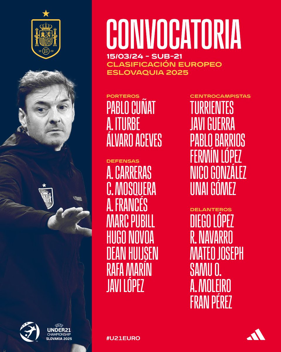 Selección Española Masculina de Fútbol (@sefutbol) on Twitter photo 🚨 𝗢𝗙𝗜𝗖𝗜𝗔𝗟 | Lista de convocados de Santi Denia para los próximos partidos de la <a href="/SEFutbol/">Selección Española Masculina de Fútbol</a> Sub-21.
⚽️ 21 de marzo
🇸🇰 Eslovaquia
🆚 Amistoso
📍 Jerez de la Frontera
⚽️ 26 de marzo
🇧🇪 Bélgica
🆚 Clasificación #U21EURO
📍 Almería
ℹ️ rfef.es/es/noticias/of… 🚨 𝗢𝗙𝗜𝗖𝗜𝗔𝗟 | Lista de convocados de Santi Denia para los próximos partidos de la <a href="/SEFutbol/">Selección Española Masculina de Fútbol</a> Sub-21.
⚽️ 21 de marzo
🇸🇰 Eslovaquia
🆚 Amistoso
📍 Jerez de la Frontera
⚽️ 26 de marzo
🇧🇪 Bélgica
🆚 Clasificación #U21EURO
📍 Almería
ℹ️ rfef.es/es/noticias/of…