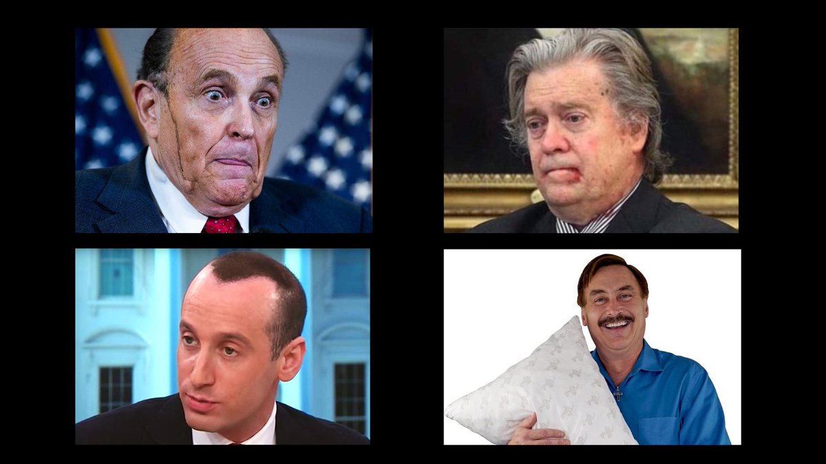 Just remember. If Donald Trump comes back, he is bringing the WHOLE circus with him…including Mike Lindell who is STILL searching for election fraud. Yes, that’s spray paint on Stephen Miller’s head. #FridayVibes Alex Jones Kellyanne Tulsi