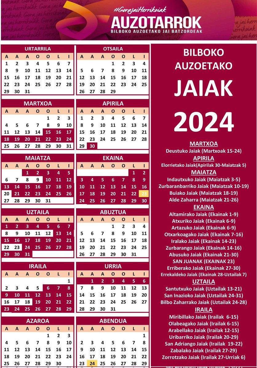 Baditugu Bilboko auzoetako jaien datak. 
Gorde ondo zuen agendetan
#AuzoakPizten #GoraJaiHerrikoiak